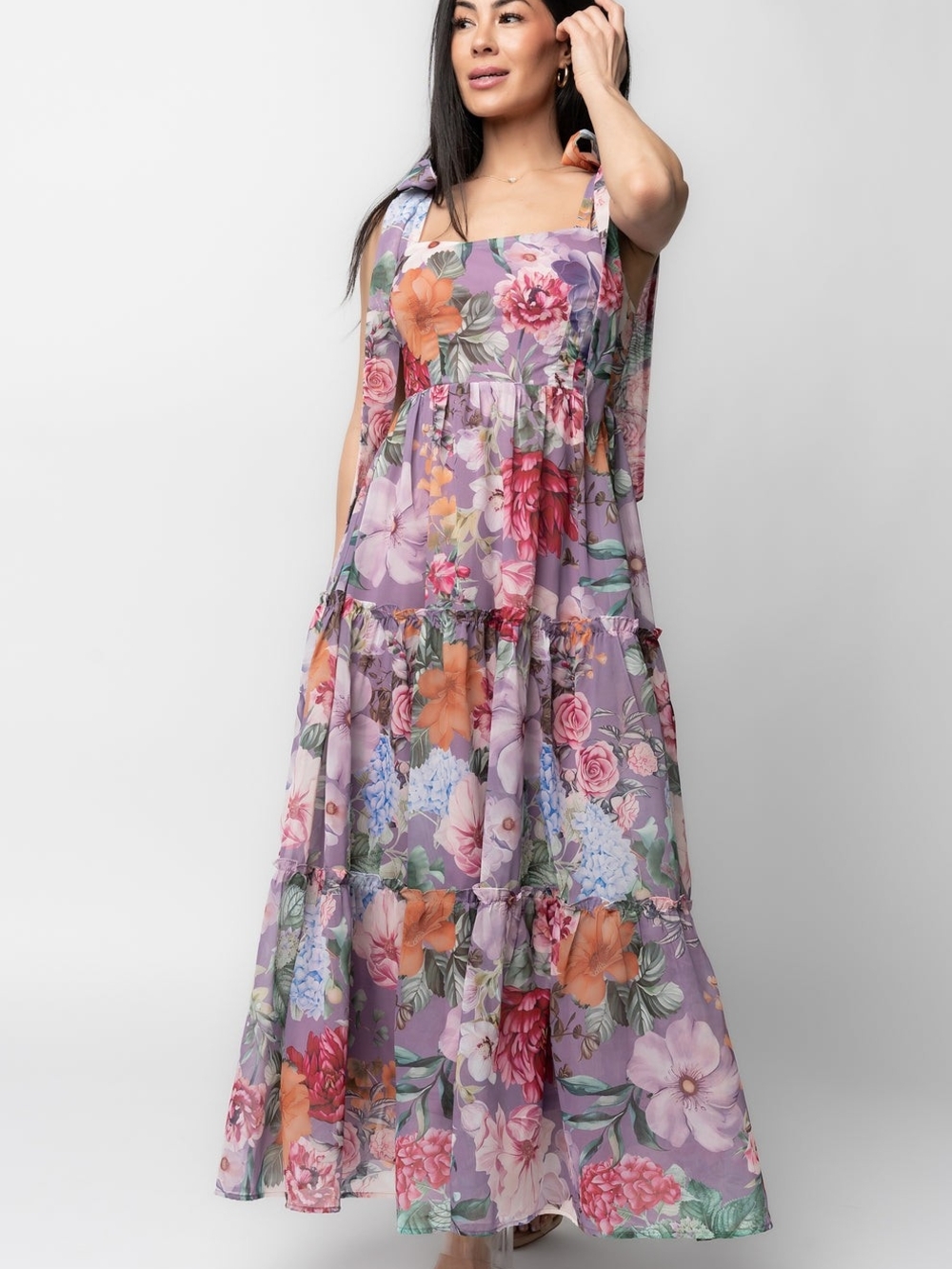 Baltic Born Anita Maxi Dress: Lavender Floral Tiered Maxi Dress with Tie Straps